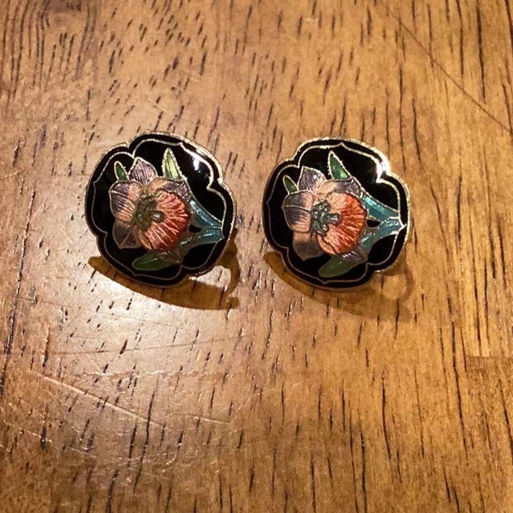 Vintage Floral Enamel Clip Earrings